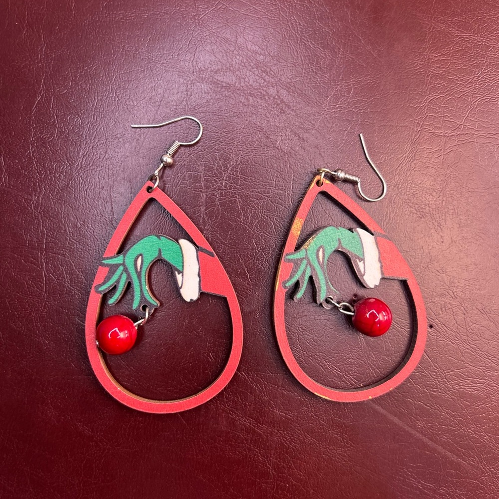 Festive Grinch Teardrop Earrings with Red Bead